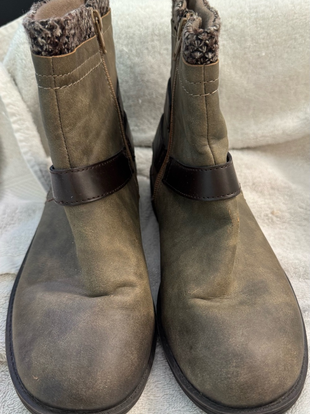 Olive Green Women's Ankle Booties with Knit Collar